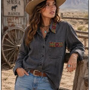 Vintage Pendleton Knockabouts Denim Shirt Southwestern Aztec Trim Western OS